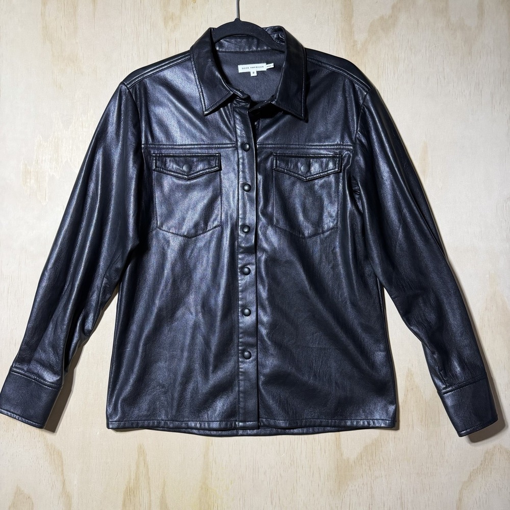 Good American Faux Leather Shirt‎ Jacket Black Snap Button Women Sz 2